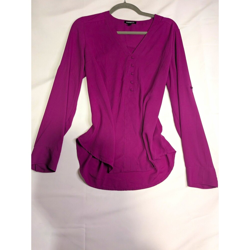 Express Purple Solid Woven V-Neck Button-Front Long Sleeve Blouse Women’s M
